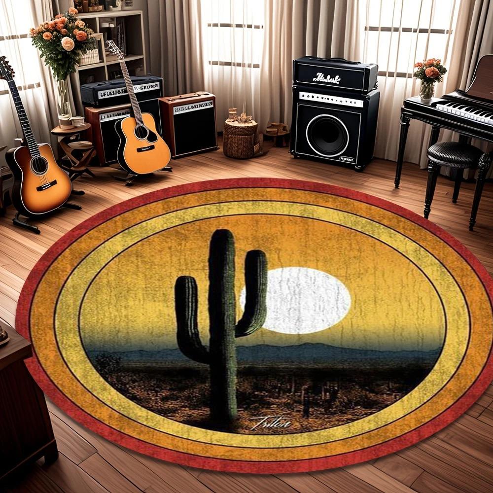 Cactus Sunset Round Rug Desert Landscape Area Carpet, Washable Non-Slip Living Room Bedroom Floor Mat, Home Decor, 1PC