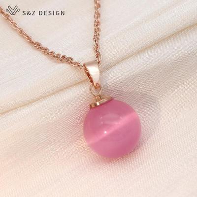 Fashion Elegant Rose Gold Color Round Opals Cat's Eye Beads Pendant Necklace For Women Wedding Party Trendy Jewelry