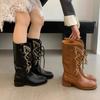 2025 Retro Style Embroidery Sewing Round Toe High Heels Women Boots Solid Color Lace Up Sexy Western Casual Elegant Cowboy Shoes