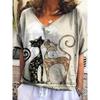 Women's V-neck Short-sleeved T-shirt with Cute Kitten Print