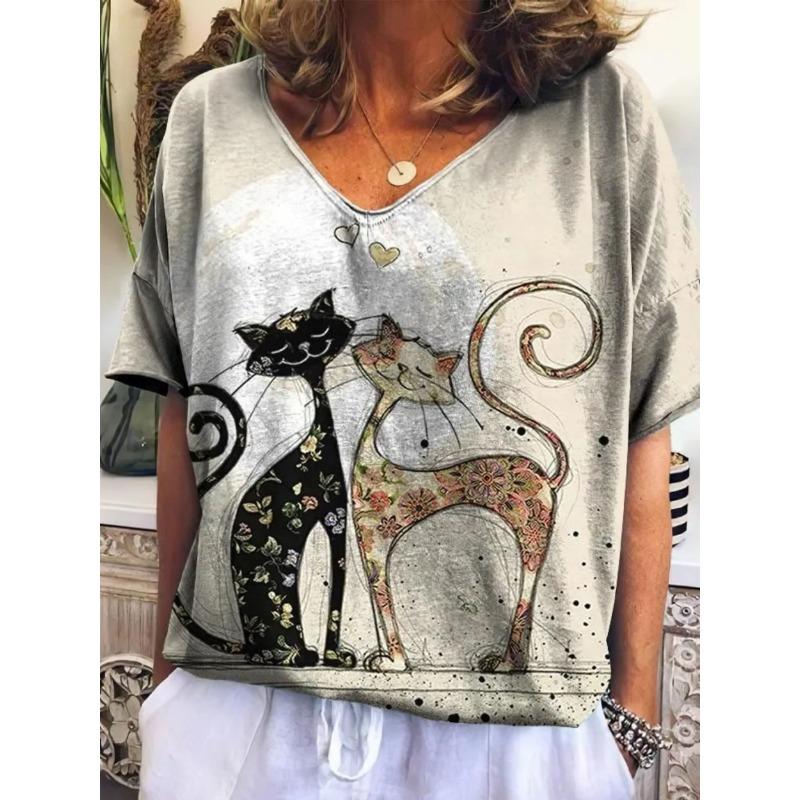 Women's V-neck Short-sleeved T-shirt with Cute Kitten Print
