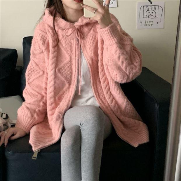 Spring Autumn Winter Loose All-match Twist Sweater Coat Women's Lazy Wind Hooded Knitted Cardigan Top Women Sweater