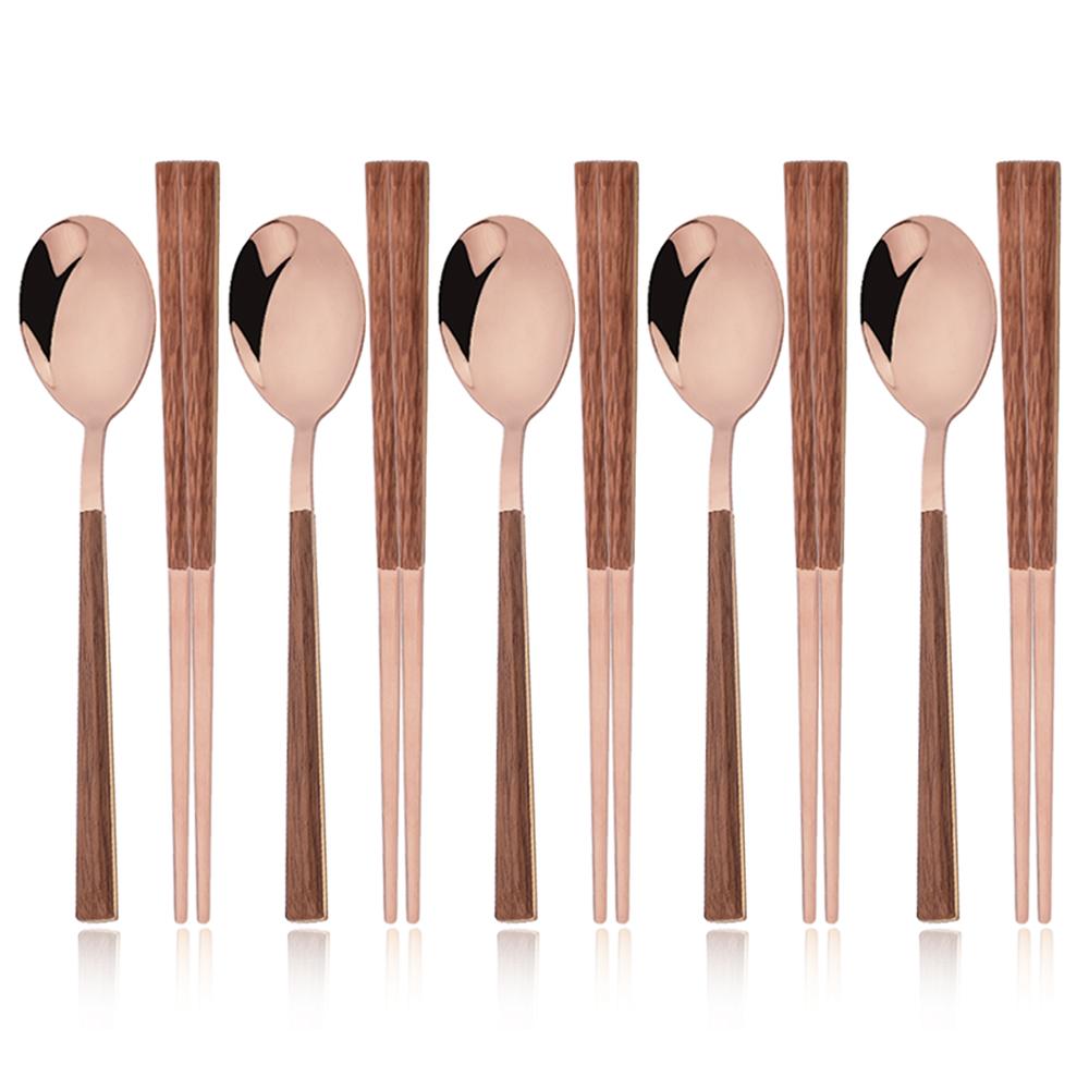 Gold 10Pcs Korean Style Portable Flatware Cutlery Set Imitation Wooden Spoon Chopstick Set Outdoor Travel Camping Tableware Set