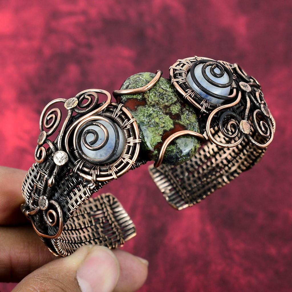 Dragon Bloodstone Cuff Bracelet Copper Wire Wrapped Adjustable Bangle Moonstone Copper Wire Jewelry Gifts For Her Handmade Gemstone Jewelry