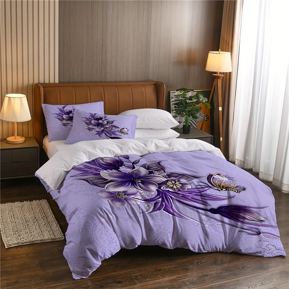 Butterfly Pattern Duvet Cover Queen King Size Purple Floral Textured Bedding Set Bedroom Decor 3 Piece Set With 2 Pillowcases