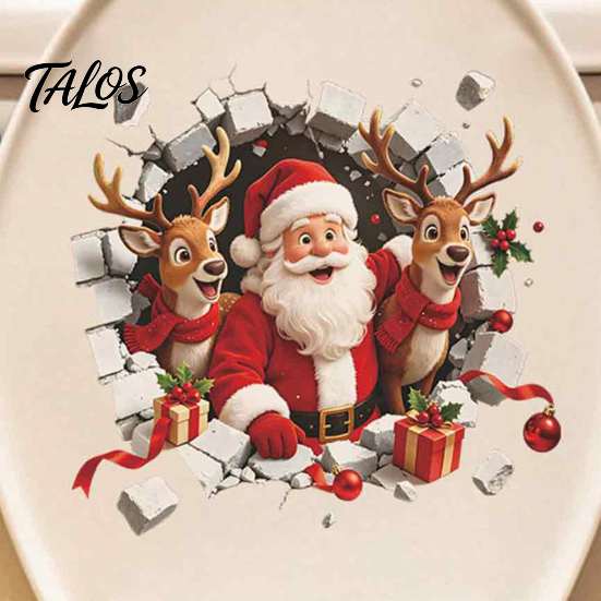 Christmas Gift for Bathroom 3D Break Through Wall Santa Reindeer Toilet Sticker, Self-Adhesive Holiday Seat Stickers Decal, Waterproof Lid Decor Home