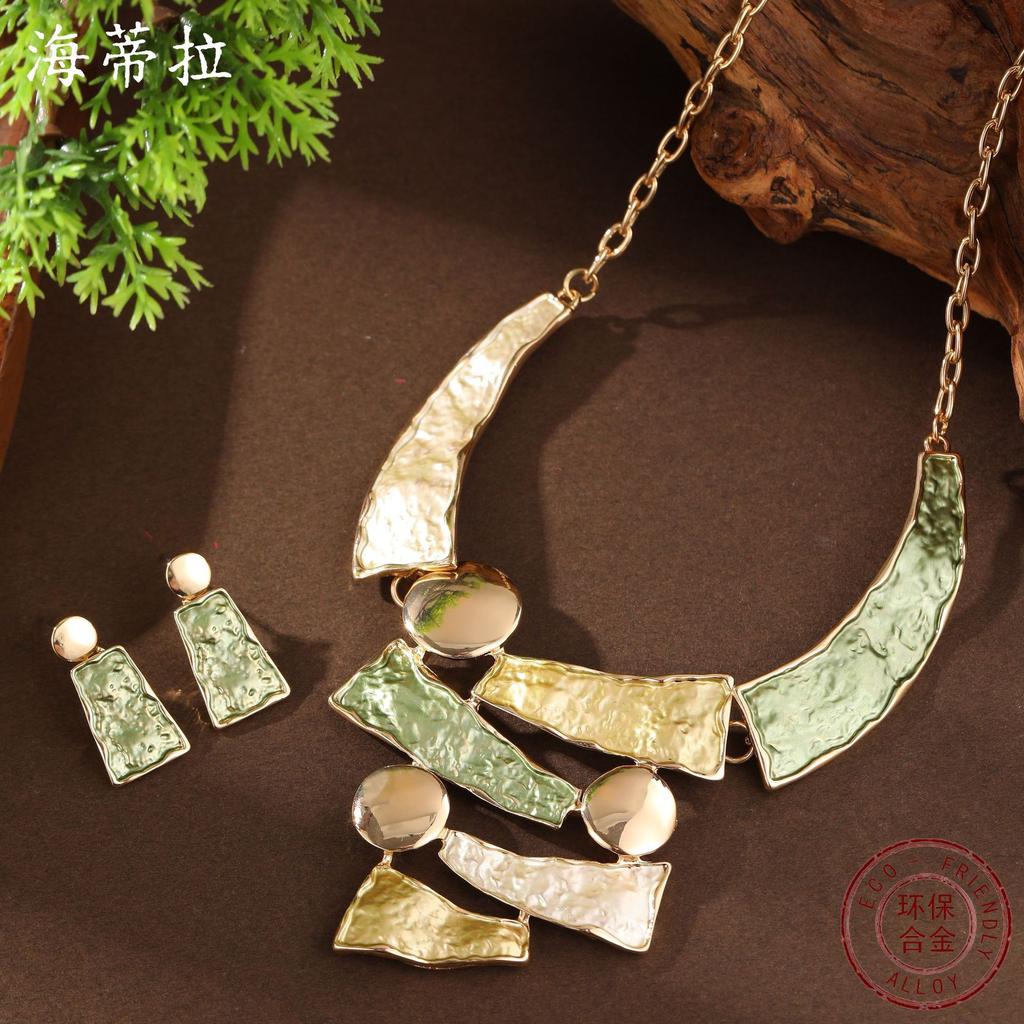 Color painting oil hollow geometric line earrings necklace set, women's high-end necklace set