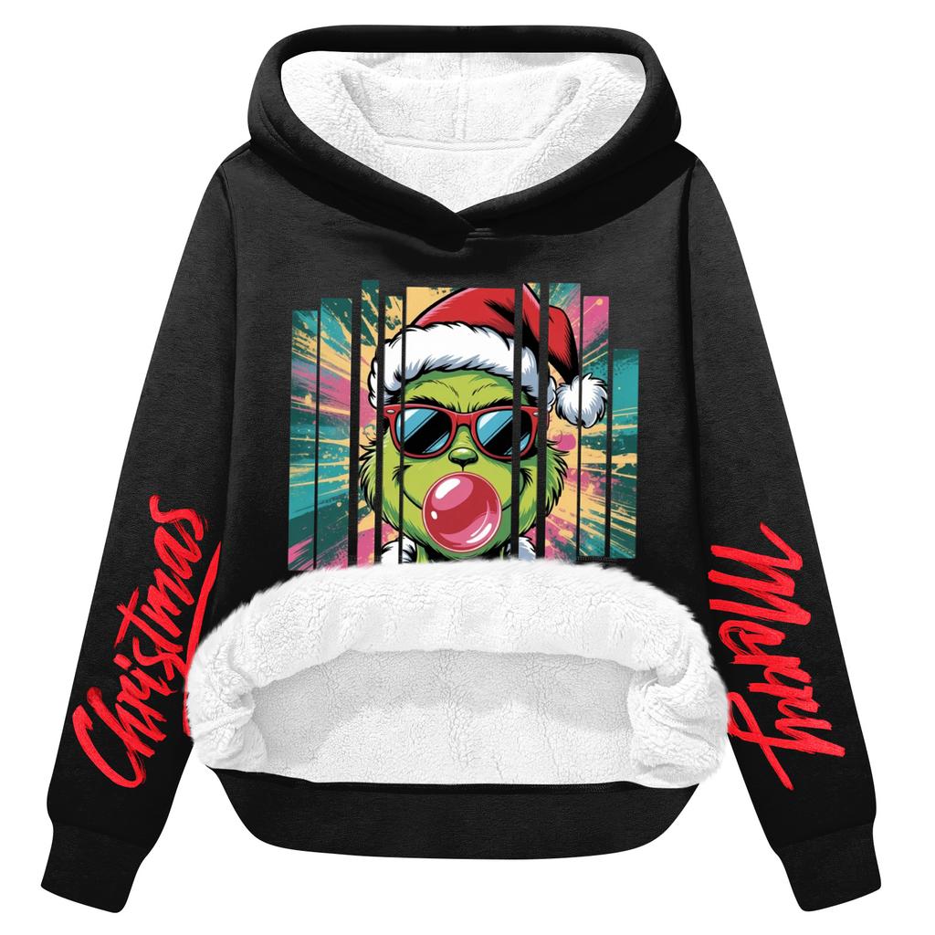 Women's Casual Fashion Plus Velvet Thickened Christmas Print Hooded Sweatshirt