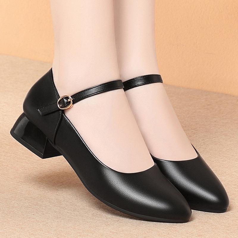 Soft Sole Single Shoes One-Button Thick Heel Round Toe Work Shoes Women's Black Work Shoes Women's Leather Shoes Comfortable