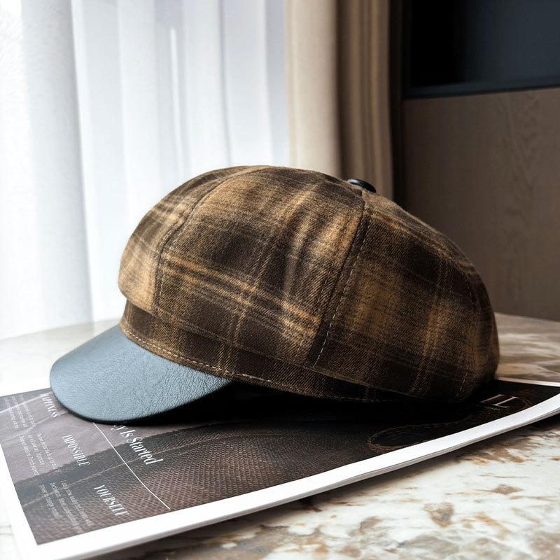 Retro Plaid Octagonal Hat Women's Autumn and Winter Versatile Face Small Warm Painter Hat Fashion Literary Newsboy Hat
