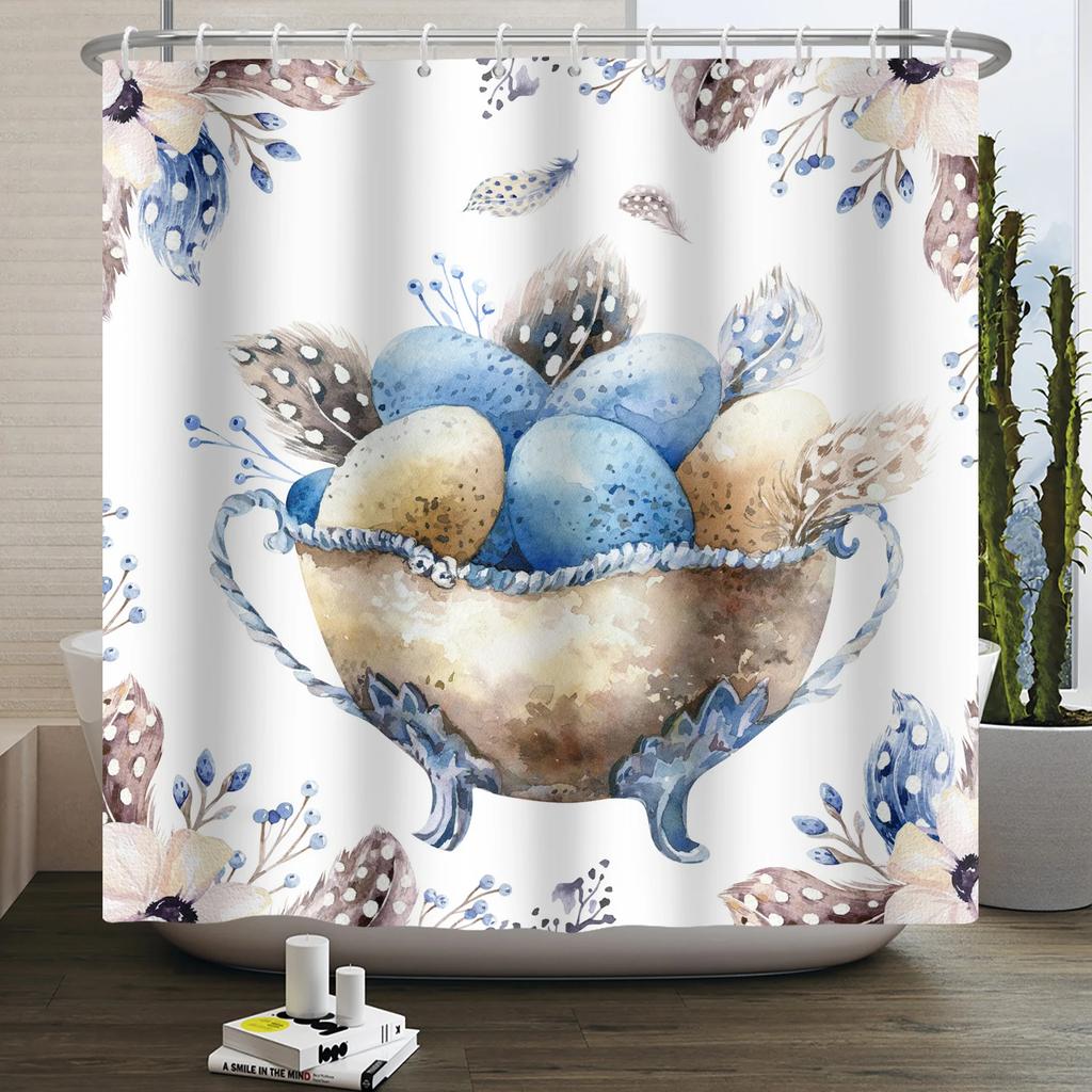 Spring Easter Shower Curtain Happy Rabbit Bunny Eggs Flower Garden Floral Holiday Waterproof Bathroom Shower Curtain With Hooks