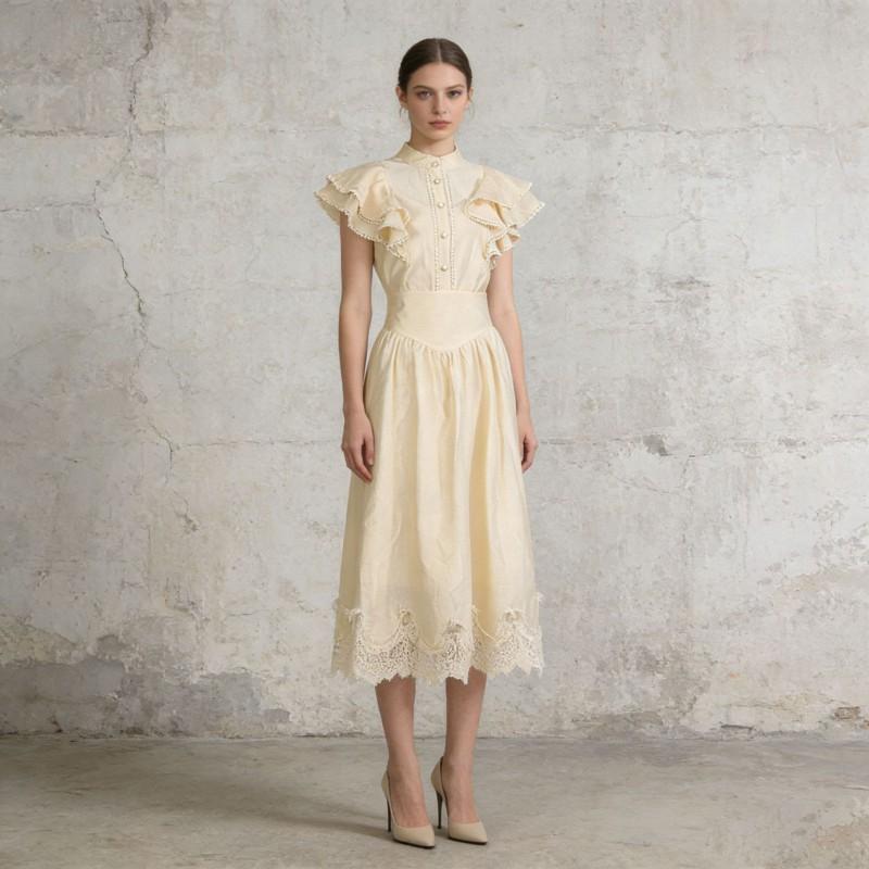 Retro Romantic Dress Set Women's Single-breasted Fly-sleeve Top + High-waist Slimming A-line Skirt