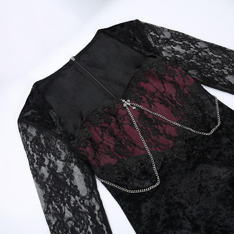 GMXIA Patchwork Dark Style Dress Sexy Slim-fit Wrap Hip Slit Lace Sleeves Feature Skirt