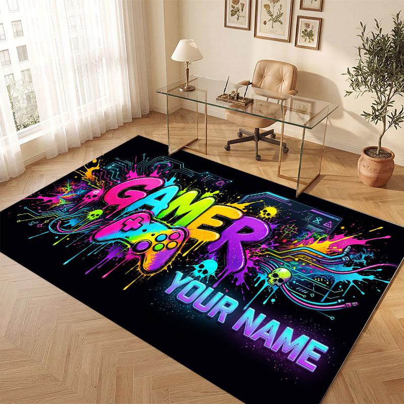 Neon Colorful Theme Crystal Velvet Floor Rug Personalized Custom Name Text Warm Carpet Home Decoration
