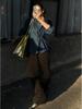 2025 Versatile Blue Denim Button-Front Lace-Up Top, Long Sleeve Casual Women's Clothing