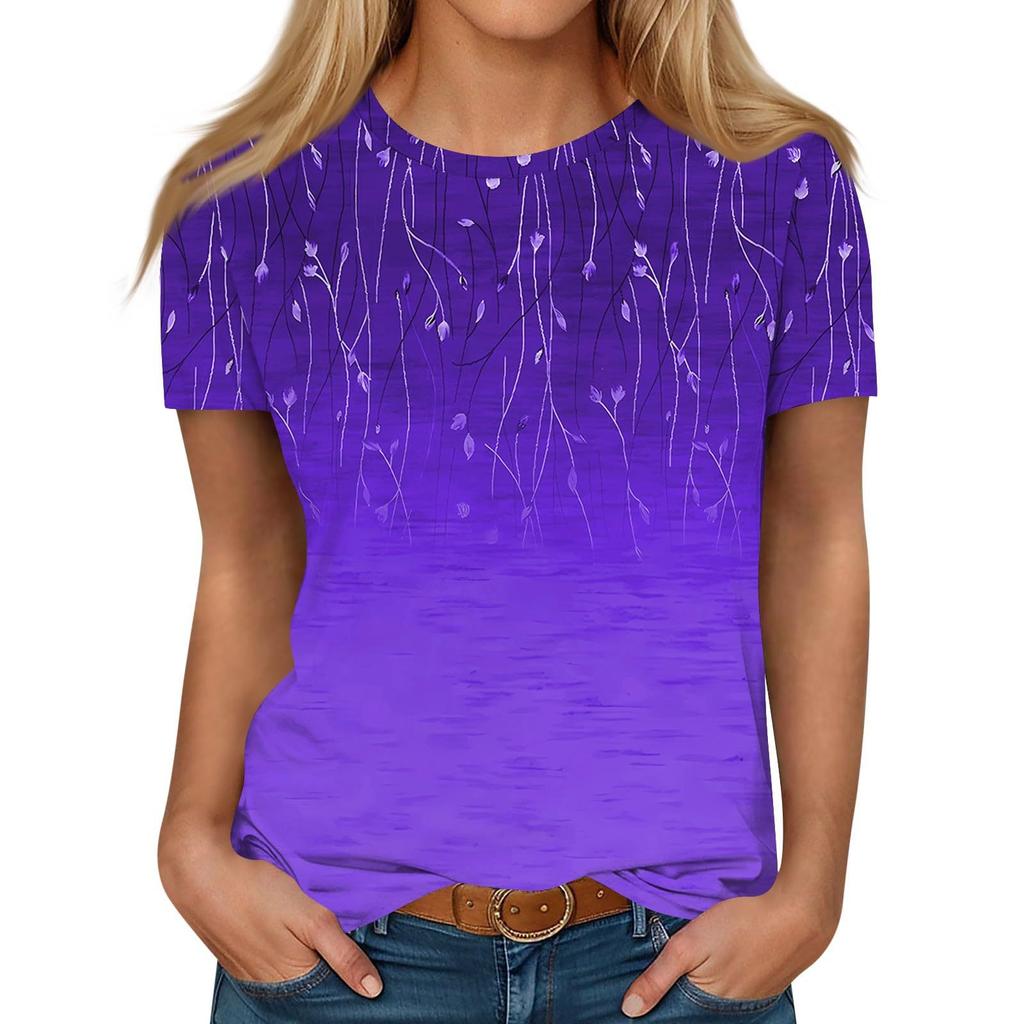 Summer Round Neck 3D Gradient Floral Print Top Fashionable Casual Short Sleeved Women's T-shirts