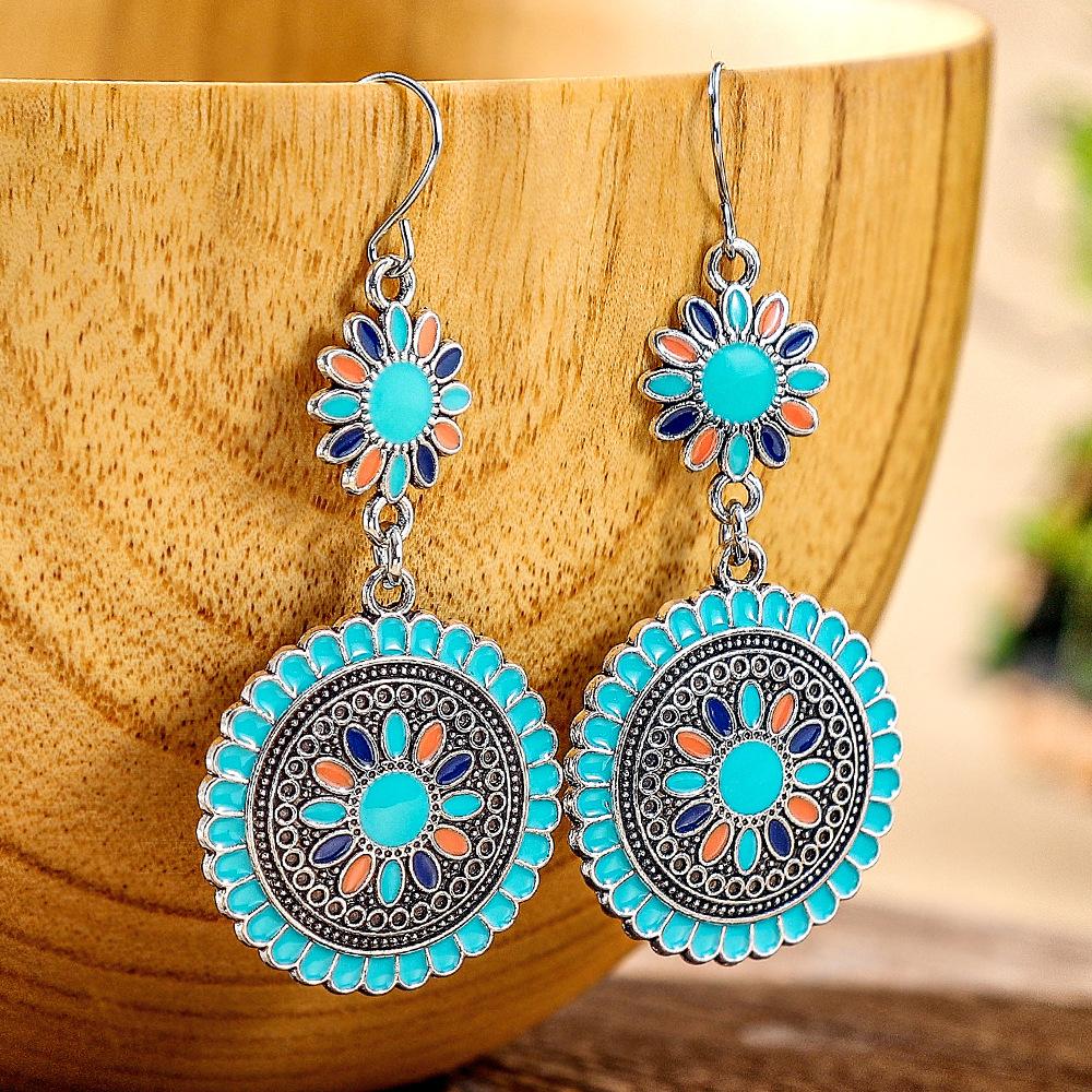 12 Colors Ethnic Vintage Enamel Sun Flower Earrings for Women Elegant Fresh Dangle Earrings Boho Vacation Party Jewelry