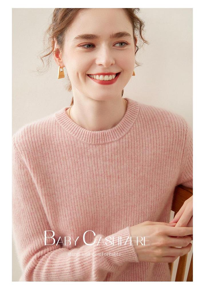 Autumn/Winter 2024 Women's Cashmere Knit Ribbed Sweater – Loose, Slimming, Round Neck Base Layer Top