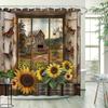 Country Landscape Shower Curtain - Sunflower & Butterfly Farm Style, Window Pattern, Polyester Bathroom Decor, 12 Hooks