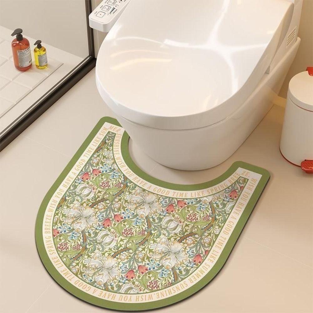 Quick Dry U-Shaped Toilet Mat Absorbent Toilet Pad Retro Floral Bathroom Rug Restroom