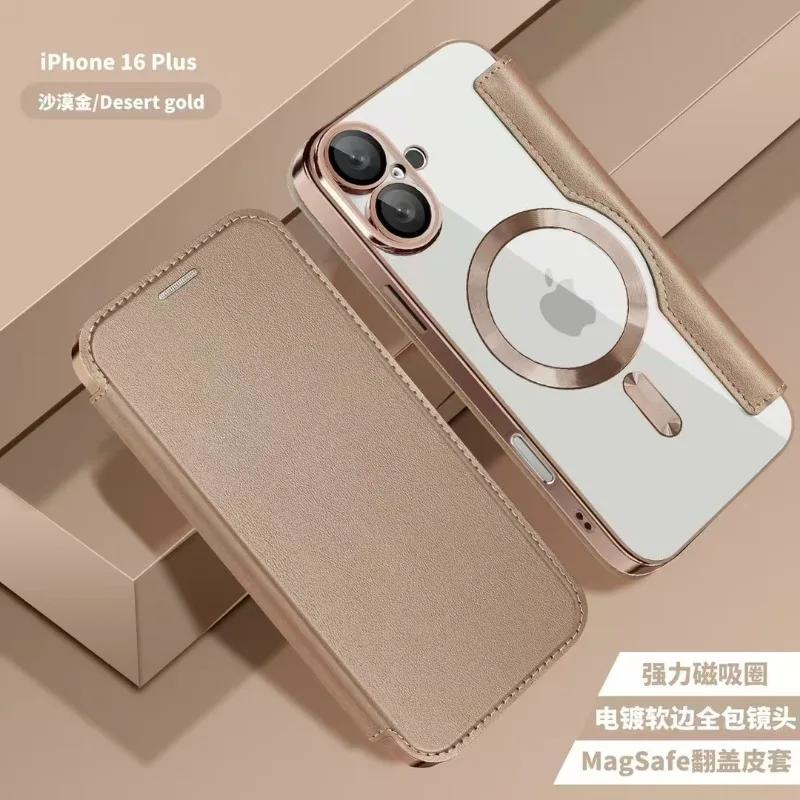 Electroplated Flip Leather Case for iPhone 16 15 14 13 12 11 Plus Pro Max for Magsafe Wireless Charging Protection Luxury Cover
