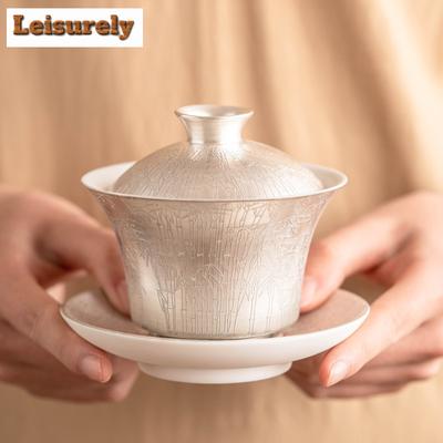 High End 999 Gilded Silver Gaiwan Handmade Green Bamboo Pattern Tea Bowl Tea Tureen Tea Making Cover Bowl Tableware Collection