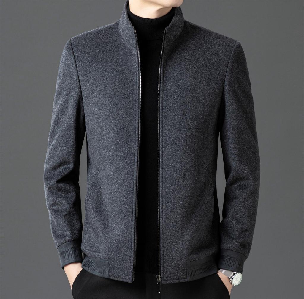Men's Double-Sided Cashmere Wool Coat, Short Stand Collar, Casual Dad's Jacket for Autumn/Winter.