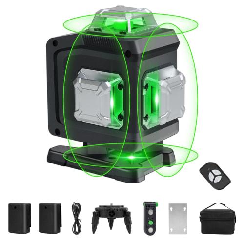 Laserová vodováha, 4D zelená laserová vodováha, 4x360, Vodováha pro stavbu a vyrovnání, Dobíjecí baterie, Dálkové ovládání, Magnetický otočný stojan, Laserově bezpečná