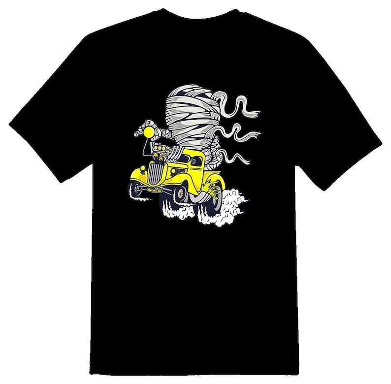 Mummy racer yellow hotrod drag truck Tee shirt black 100