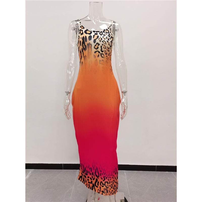 Women's Leopard Print Gradient Maxi Dress Sleeveless V Neck Casual Long Dress With Pockets