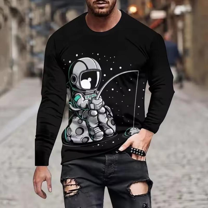 Street Personality Fashion Astronaut Fun Summer Men 3d Printed Crew Neck Long Sleeve Sleeve T-Shirt Loose Casual Clothing