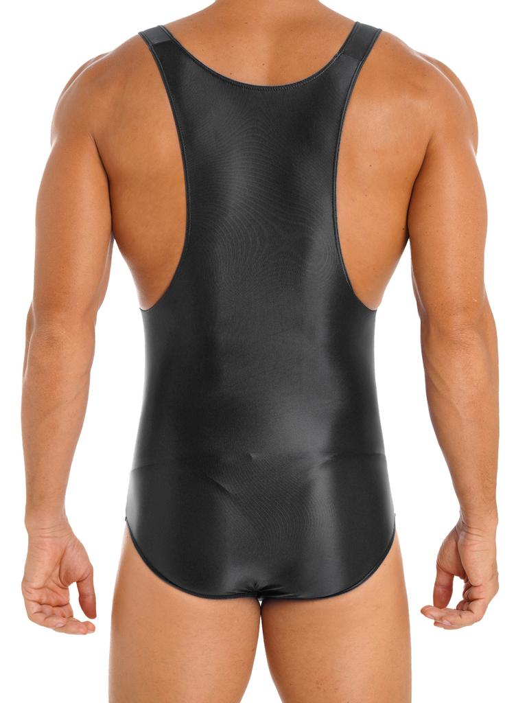 Mens Glossy U Neck Bodysuit Sleeveless Stretchy Leotard Wrestling Singlet Swim Sportswear