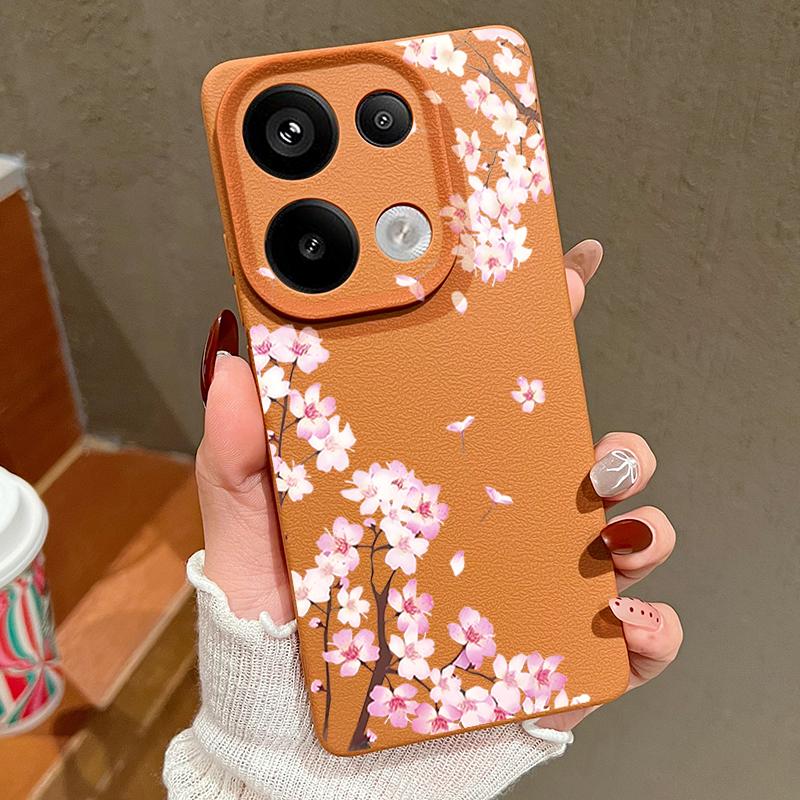Rosa Pfirsichblüten Blumenmuster Hülle Für Xiaomi 14T 13T 11T Pro Funda Redmi Note 14 13 12 11 Pro 5G 4G Lederstruktur Silikonabdeckung