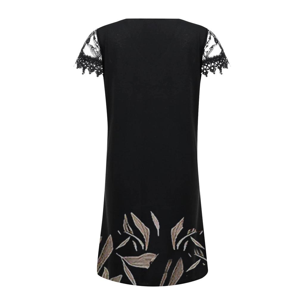 Ladies Casual Positioning Print V-Neck Lace Panel Short Sleeve Dress