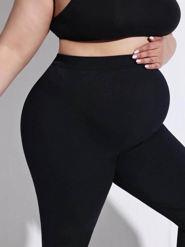 Plus Size High Waist Seamless Maternity Yoga Leggings - Black Slimming Sport Pants for Pregnant Women
