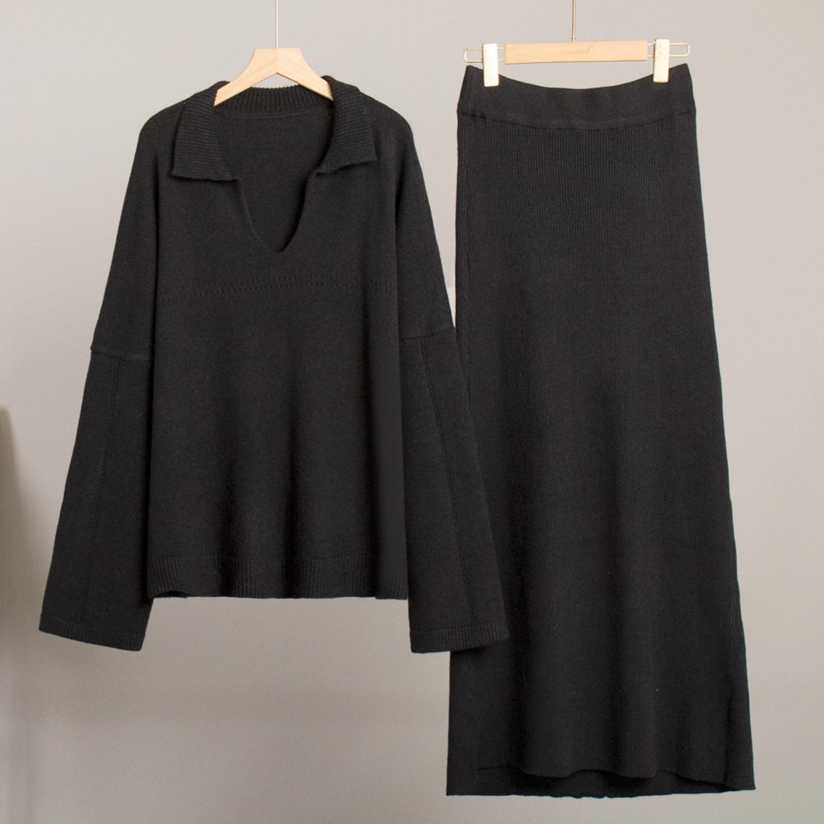 

Женские комплекты из 2 предметов: свитер, юбка, повседневный трикотажный топ с длинным рукавом и V-образным вырезом, миди-платье, осенне-зимний трикотажный пуловер, облегающая юбка для женщин L чёрный