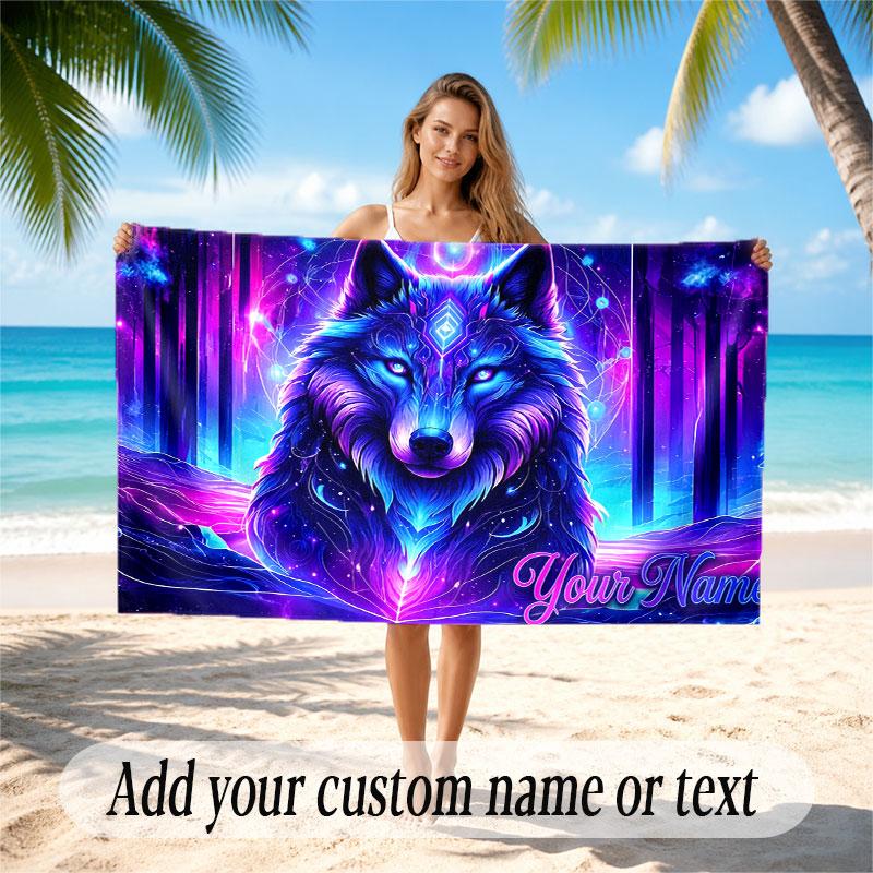 Wolf Theme Beach Towel Personalized Custom Name & Text Soft Quick Dry Beach Towel for Swimming Travel