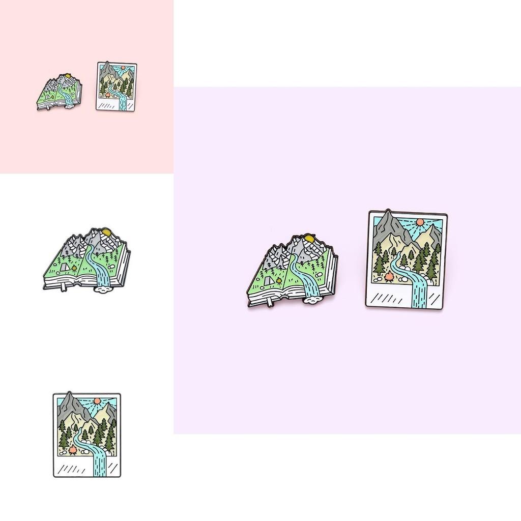 Geometric Cartoon Design Landscape Brooch Colorful Book Pin For Trendy Personal Accessories