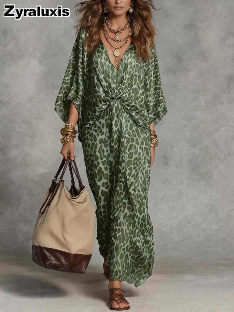 Leopard Print V-Neck Belted Maxi Dress for Women
