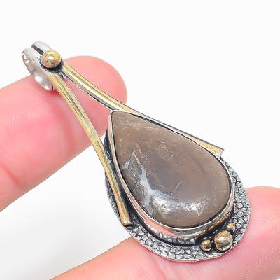 Natural Mud Crack Fossil Stone Two Tone 925 Sterling Silver Pendant 2.13" r8N84