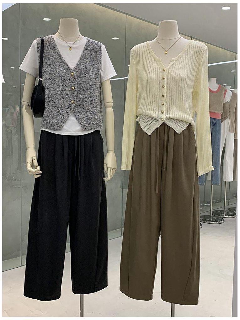 Plus Size Women's High Waist Wide Leg Pants - Spring Loose Fit with Elastic Lace-up Waist
