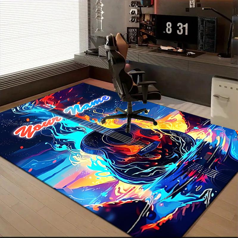 1PC Custom Name Guitar Flames Artwork Theme Floor Mat Ideal for Living Room, Game Rooms, Office, Bedroom Floor Mat Playful Design