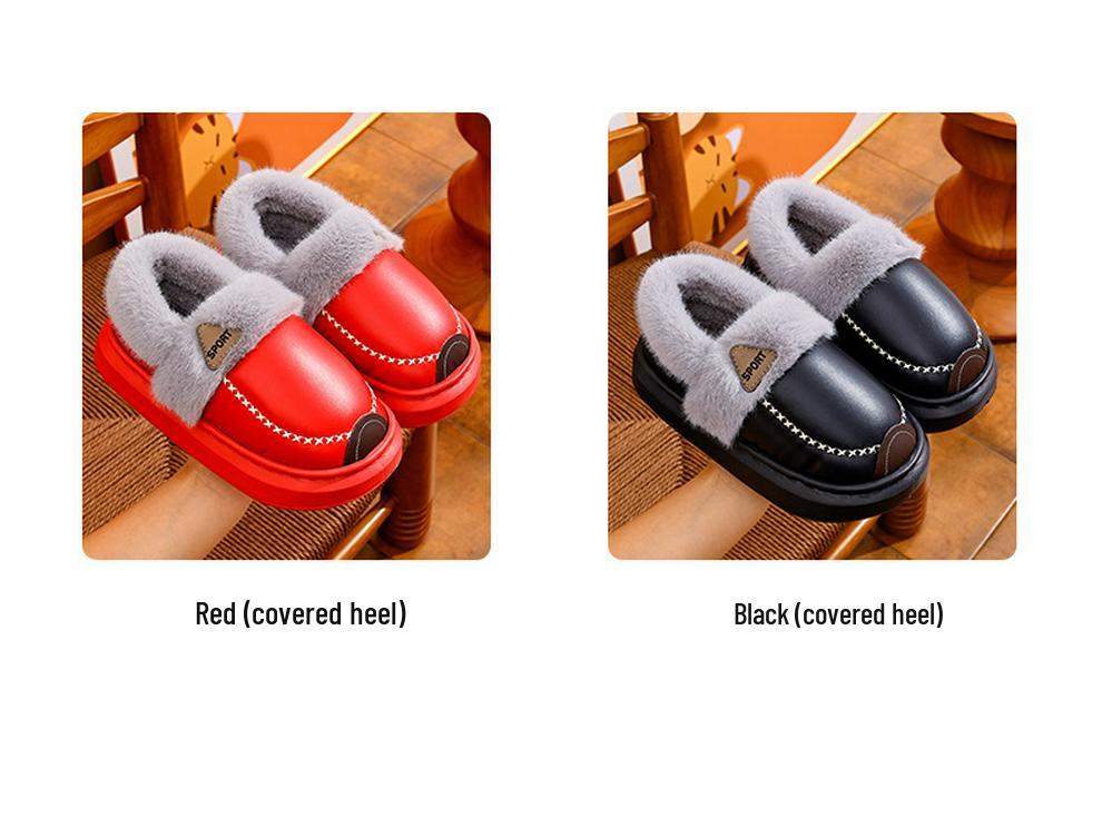 Warme rutschfeste Baumwoll-Hausschuhe für Kinder und Erwachsene mit PU-Leder, weicher Sohle und Plüschfutter für Zuhause.