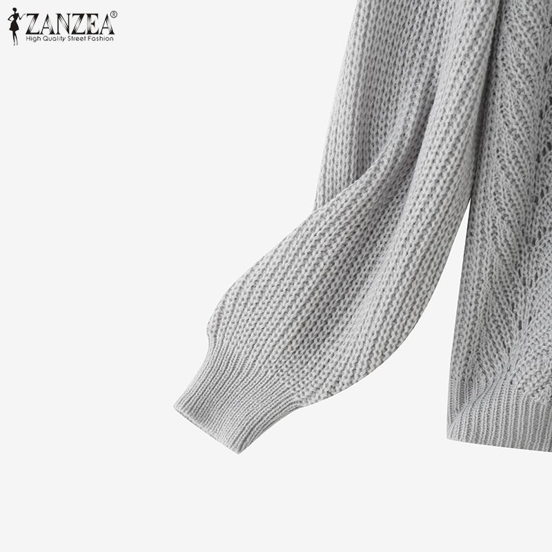ZANZEA Autumn Winter Women Off Shoulder Long Sleeve Knitted Hollow Sweater Jumper Pullovers