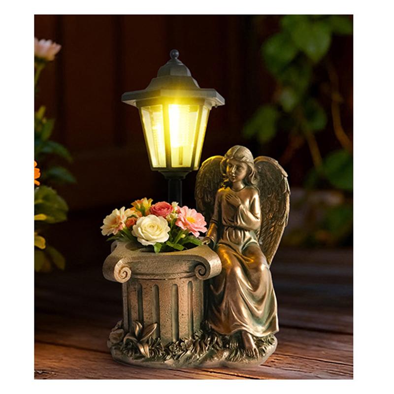 Resin Angel & Fairy Solar Garden Statue, Illuminated Flower Pot Ornament for Outdoor Yard Decor