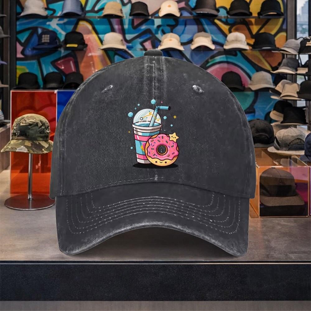 Cute Donut Drink Baseball Cap Washed Denim Adjustable Vintage Snapback Hat for Unisex