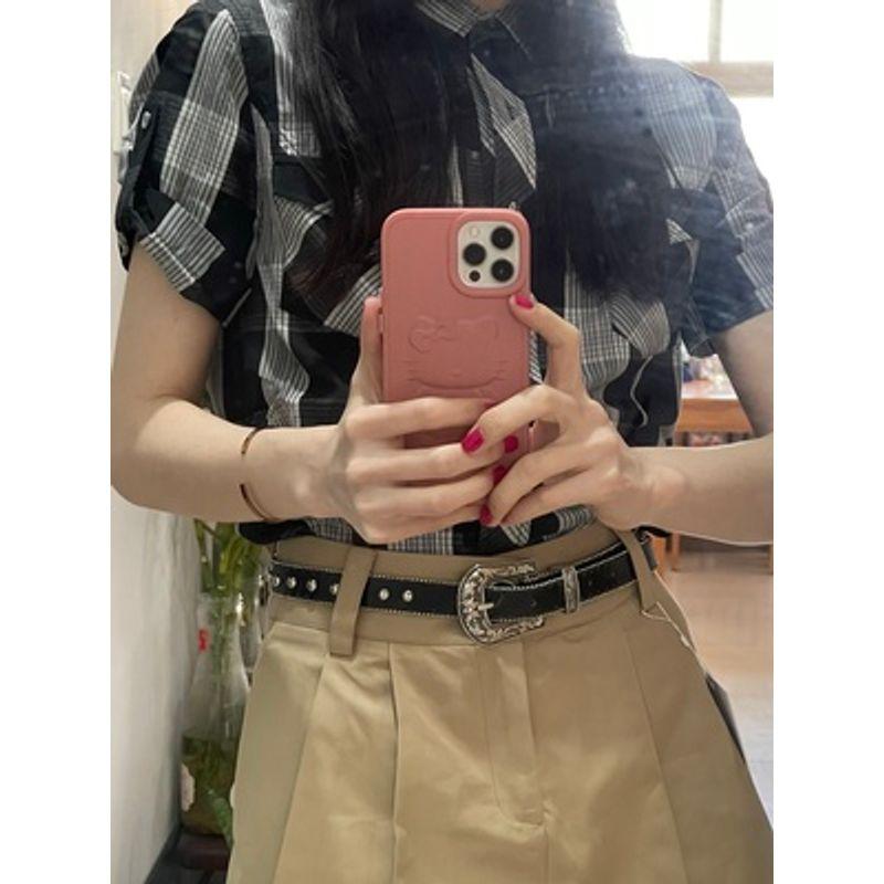

[5.1] Counter Good Quality Ol Commute Slim-Fit Cotton Gingham Shirt Short-Sleeved Summer Clothes Women Color 18 XS