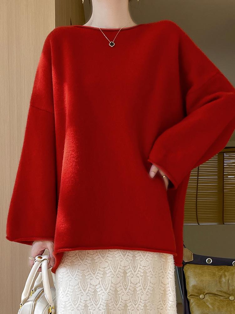 Women's Mid-Length Wool-Cashmere Sweater - 2025 Autumn/Winter Collection, Round Neck, Loose Fit, Knit Outerwear.