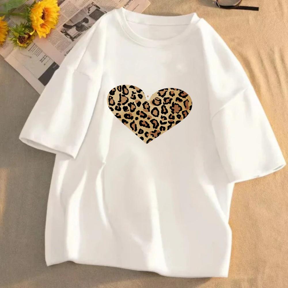 

American Vintage Leopard Print Heart TShirt Cheetah Love Graphic Cotton Short Sleeve Tee Retro Aesthetic Casual Top for Women 3XL