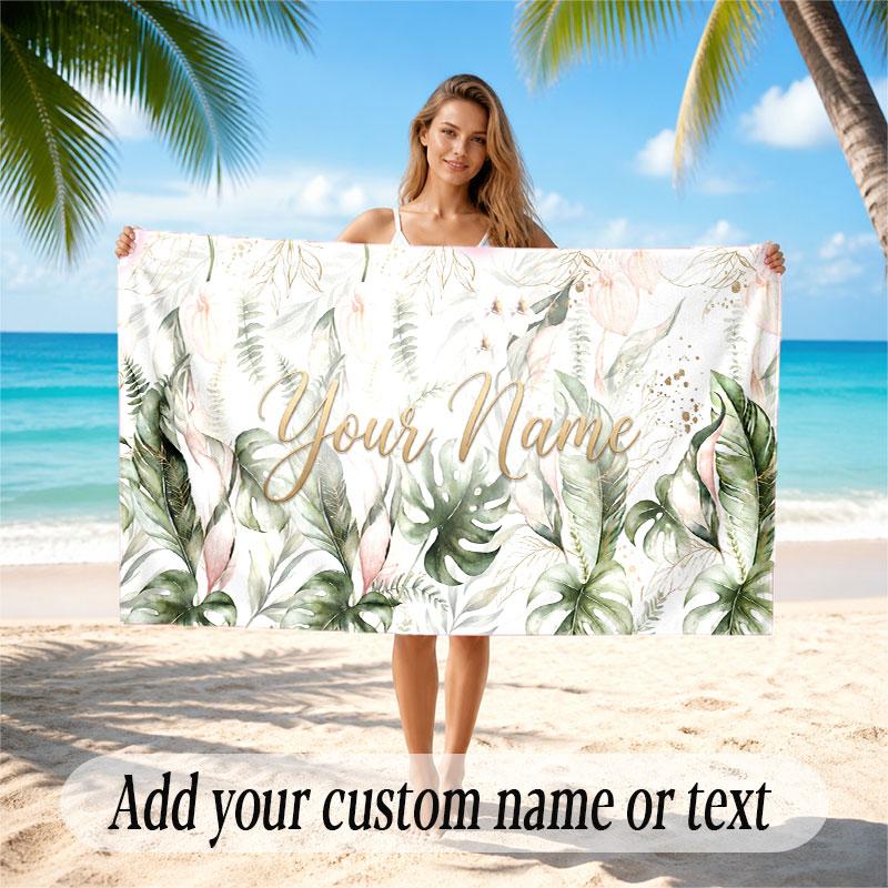 Floral Garden Theme Soft Beach Towel Personalized Custom Name Text Towel Portable for Beach Pool Travel